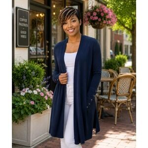 JM Collection Navy Blue Open Front Longline Cardigan XXL Grommet Lace Up Cuff